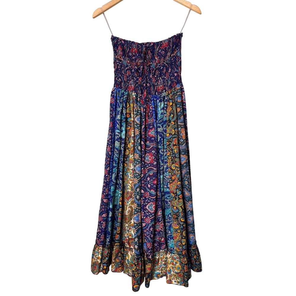 Earthbound Trading Co Blue Patchwork Paisley Smocked Strapless Maxi Dress Small